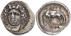 GREEK COINS THESSALIA LARISSA. AR-Drachme, 395/370 v. Chr.; 5,42 g. Nymphenkopf fast v. v.//Pferd r. Herrmann vergl. Tf. V, 5 ff.; Hoover 454; Lorber in SNR 79 Phase L-III; Slg. BCD -. R Kl. Randausbr