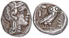 GREEK COINS ATTICA ATHEN. AR-Drachme, um 454/404 v. Chr.; 4,27 g. Athenakopf r. mit attischem Helm//In Incusum: Eule r., dahinter Olivenzweig. Hoover 1631; SNG München 60 ff. Knapp sehr schön Erworben
