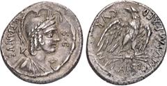 ROMAN COINS MÜNZEN DER RÖMISCHEN REPUBLIK AR-Denar, 67 v. Chr., Rom, M. Plaetorius Cestianus; 3,84 g. Isisbüste (?) r. mit Attributen verschiedener Gottheiten//Adler auf Blitz r., zurückblickend. Bab.