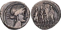 ROMAN COINS MÜNZEN DER RÖMISCHEN REPUBLIK AR-Denar, 54 v. Chr., Rom, M. Iunius Brutus; 3,90 g. Libertasbüste r.//Der Konsul L. Iunius Brutus geht zwischen zwei Liktoren l., davor Accensus. Bab. 31; BM