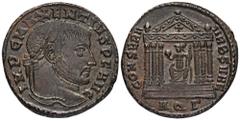 ROMAN COINS MÜNZEN DER RÖMISCHEN KAISERZEIT Maxentius, 306-312. Æ-Follis, 308/309, Aquileia, 3. Offizin; 6,3 g. Kopf r. mit Lorbeerkranz//Roma sitzt l. mit Globus und Zepter in sechssäuligem Tempel. D