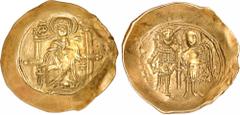 BYZANTINE COINS BYZANZ Isaakios II. Angelos, 1185-1195. AV-Hyperpyron (Scyphat), Constantinopolis; 4,25 g. Muttergottes sitzt v. v.//Kaiser mit Kreuzzepter und Erzengel Michael stehen v. v. und halten