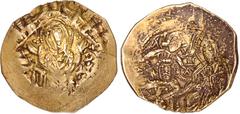 BYZANTINE COINS BYZANZ Michael VIII., 1261-1282. AV-Hyperpyron (Scyphat), Constantinopolis; 4,16 g. Maria in Mauerring//Kaiser, unterstützt von St. Michael, kniet r. vor Christus. Bendall, Private Col