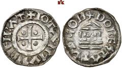 EUROPEAN COINS AND MEDALS FRANKREICH/KAROLINGER Lothar I. 840-855. Denar (Denier), Dorestad. 1.81 g. + IOTAIMVSIPIEIPAT Kreuz, in den Winkeln je eine Kugel//+ DORESTATVS MON Kirchengebäude. M./G. 525;