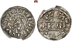 EUROPEAN COINS AND MEDALS NIEDERLANDE, FRIESLAND Grafschaft. Bruno III. 1038-1057. Denar (Denier of Penning), Dokkum, mit Titel Heinrichs III. 0,75 g. ‰ HENRICVÜSRE Gekrönter Kopf r. mit Zepter//VGGA 