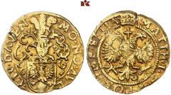 EUROPEAN COINS AND MEDALS NIEDERLANDE, DEVENTER Stadt. Goldgulden (Florin d'or) o. J. (1617/1618), mit Titel von Matthias. 3,18 g. Ohne Münzzeichen. MO Û NO Û AVL Û - Û CIV Û DAVEN Û Behelmtes Stadtwa