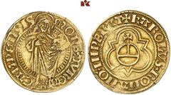 EUROPEAN COINS AND MEDALS NIEDERLANDE, CAMPEN Stadt. Goldgulden (Florin d'or) / St. Jansgoudgulden o. J. (1525), mit Titel Karls V. 3,18 g. Johannes der Täufer steht v. v. mit Heiligenschein und segne