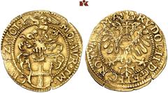 EUROPEAN COINS AND MEDALS NIEDERLANDE, ZWOLLE Stadt. Goldgulden (Florin d'or) / Goudgulden o. J. (1590-1612), mit Titel Rudolfs II. 3,17 g. Ohne Münzzeichen. Münzmeister Balthasar Wijntgens oder Arend