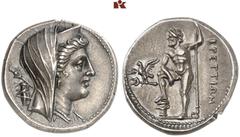 Druckrey Collection: GREEK COINS BRUTTIUM BRETTII. AR-Drachme, 215/205 v. Chr.; 4.63 g. Kopf der Hera Lakinia r. mit Schleier und Polos, über der Schulter Zepter, dahinter Heuschrecke//Zeus steht l. m