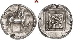 Druckrey Collection: GREEK COINS MACEDONIA MENDE. AR-Tetradrachme, 460/423 v. Chr.; 17.28 g. Dionysos (?) mit Kantharos auf Esel r. davor Krähe zwischen Zweigen//In Incusum: Weinstock, oben Insekt (?)