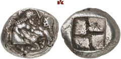 Druckrey Collection: GREEK COINS MACEDONIA ORRESKIOI. AR-Stater, frühes 5. Jahrhundert v. Chr.; 9.90 g. Kentaur r. verschleppt Nymphe//Viergeteiltes Incusum. SNG ANS vergl. 980 f; Hoover 314; Lathe Bi