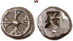 Druckrey Collection: GREEK COINS ATTICA ATHEN. "Wappenmünzen". AR-Drachme, 550/520 v. Chr.; 4.24 g. Rad mit vier Speichen//Viergeteiltes Incusum. Hoover 1622; Lathe Biosas S. 356 (dies Exemplar); Selt