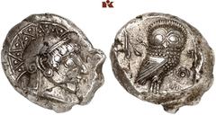Druckrey Collection: GREEK COINS ATTICA ATHEN. AR-Tetradrachme, 500/480 v. Chr.; 17.38 g. Athenakopf r. mit attischem Helm//In Incusum: Eule steht r. dahinter Olivenzweig. Seltman Gruppe Gi; Hoover 15