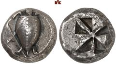 Druckrey Collection: GREEK COINS AEGINA AEGINA. AR-Stater, 550/500 v. Chr.; 12.13 g. Seeschildkröte//Vierfach geteiltes Incusum. SNG Delepierre vergl. 1624 ff; Hoover 429; Lathe Biosas S. 365 (dies Ex