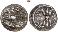 Druckrey Collection: GREEK COINS PELOPONNESUS ELIS. OLYMPIA. AR-Stater, um 460 v. Chr. 78.-82. Olympiade; 11.82 g. Adler fliegt l. mit Schlange im Schnabel//Blitz. Seltman -; Slg. BCD -; Hoover 288; L