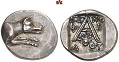 Druckrey Collection: GREEK COINS PELOPONNESUS ARGOLIS. ARGOS. AR-Triobol, um 80/50 v. Chr. Magistrat Xenophilos; 2,28 g. Wolfsprotome r.//In Incusum: A, unten Helioskopf v. v. Slg. BCD 1179; Hoover 69