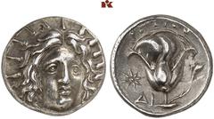 Druckrey Collection: GREEK COINS CARIA RHODOS. AR-Didrachme, 255/245 v. Chr.; 6.61 g. Helioskopf fast v. v.//Rose, l. Stern. Ashton, The Coinage of Rhodes 204; SNG Keckman 530; Hoover 1438; Historia N