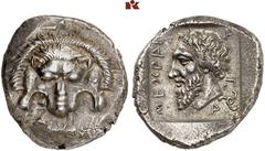 Druckrey Collection: GREEK COINS LYCIA Mithrapata. AR-Stater, 390/370 v. Chr.; 9.85 g. Löwenmaske v. v.//In Incusum: Bärtiger Kopf l. dahinter Triskelis. Mildenberg, Vestigia Leonis Tf. XXXIV, 7; Lath