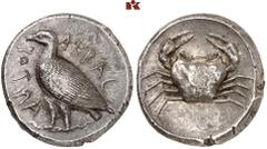 GREEK COINS SICILIA AKRAGAS. AR-Tetradrachme, 465/440 v. Chr.; 16.99 g. Adler steht l.//Krebs. Westermark, Akragas 353.8 (dies Exemplar); Hoover 78. Von feinem Stil. Sehr selten in dieser Erhaltung. H