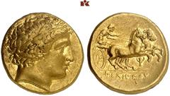 GREEK COINS MACEDONIA KÖNIGREICH. Philippos II. 359-336 v. Chr. AV-Stater, 340/328 v. Chr. Pella; 8.58 g. Apollokopf r. mit Lorbeerkranz//Biga r. darunter Kantharos. Le Rider - (D-/R 110); Hoover 846.