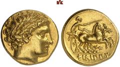 GREEK COINS MACEDONIA KÖNIGREICH. Philippos II. 359-336 v. Chr. AV-Stater, posthum, 323/315 v. Chr. Pella; 8.61 g. Apollokopf r. mit Lorbeerkranz//Biga r. darunter Blitz. Le Rider 417; Hoover 986. Att