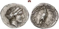 GREEK COINS PELOPONNESUS ELIS. OLYMPIA. AR-Stater, 106. Olympiade, 356 v. Chr. Heratempel; 12.15 g. Herakopf r. mit Stephane//In Olivenkranz: Adler steht r. zurückblickend. Hoover 371; Seltman -; Slg.