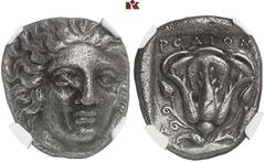 GREEK COINS CARIA RHODOS. AR-Tetradrachme, 404/385 v. Chr.; 14.79 g. Helioskopf fast v. v.//Rose, l. A, r. undeutliches Beizeichen. Ashton u. a. The Hecatomnus Hoard (Appendix) 70; Ashton, The Coinage