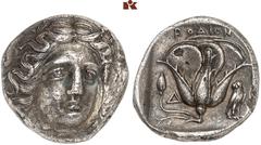 GREEK COINS CARIA RHODOS. AR-Tetradrachme, 385/360 v. Chr.; 14.57 g. Helioskopf fast v. v.//Rose, l. Δ, r. Eule. Ashton u. a. The Hecatomnus Hoard (Appendix) 204; Ashton, The Coinage of Rhodes 80; Hoo