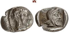 GREEK COINS LYCIA Kherei. AR-Hemidrachme, 430/410 v. Chr. Tlos; 1.94 g. Athenakopf r. mit attischem Helm//In Incusum: Kopf r. mit Kyrbasia. Müseler VI, 47 (dies Exemplar). Von allergrößter Seltenheit.