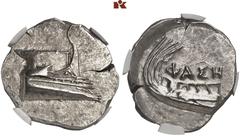 GREEK COINS LYCIA PHASELIS. AR-Stater, 400/360 v. Chr.; 10.46 g. Prora r.//Schiffsheck l. Heipp-Tamer - (Serie 6); Müseler -. RR Feine Tönung, kl. Schrötlingsriß, kl. Kratzer auf dem Avers, etwas verb