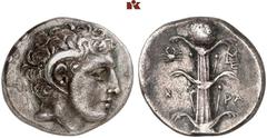GREEK COINS CYRENAICA KYRENE. AR-Didrachme, 308/277 v. Chr.; 7.73 g. Karneioskopf r.//Silphium, l. Krabbe, r. Monogramm. BMC 254 (irrtümliche Beschreibung des Monogramms); SNG Cop. -. R Von rostigen S