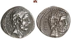 ROMAN COINS MÜNZEN DER RÖMISCHEN REPUBLIK AR-Denar, 54 v. Chr. Rom, M. Junius Brutus; 3,75 g. Kopf des L. Junius Brutus r.//Kopf des C. Servilius Ahala r. Bab. 30; BMC 3864; Crawf. 433/2; Syd. 907. Fe