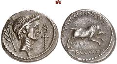 ROMAN COINS IMPERATORISCHE PRÄGUNGEN C. Julius Caesar, † 44 v. Chr. AR-Denar, posthum, 42 v. Chr. Rom, L. Livineius Regulus; 3,54 g. Kopf Caesars r. mit Kranz, dahinter Lorbeerzweig, davor Caduceus//S