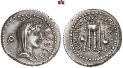 ROMAN COINS IMPERATORISCHE PRÄGUNGEN M. Iunius Brutus. AR-Denar, 42 v. Chr. kleinasiatische Münzstätte, L. Sestius Quirinalis; 3,81 g. Libertaskopf r. mit Schleier//Dreifuß zwischen Axt und Simpulum. 