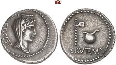 ROMAN COINS IMPERATORISCHE PRÄGUNGEN M. Iunius Brutus. AR-Denar, 42 v. Chr. Lagermünzstätte in Kleinasien oder Nordgriechenland, L. Plaetorius Cestianus; 3,37 g. Drapierte Büste einer Göttin r. mit Sc
