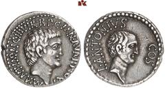 ROMAN COINS IMPERATORISCHE PRÄGUNGEN Marcus Antonius, † 30 v. Chr. und Lucius Antonius. AR-Denar, 41 v. Chr. Ephesus, M. Cocceius Nerva; 3,96 g. Beiderseits Kopf r. Bab. 48; BMC 107; Crawf. 517/5 a; S