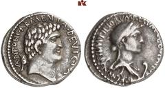 ROMAN COINS IMPERATORISCHE PRÄGUNGEN Marcus Antonius, † 30 v. Chr. und Kleopatra. AR-Denar, 34 v. Chr. Alexandria; 3.87 g. Kopf des Marcus Antonius r. dahinter armenische Tiara//Drapierte Büste der Kl