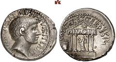 ROMAN COINS IMPERATORISCHE PRÄGUNGEN Octavianus. AR-Denar, 36 v. Chr. italische Münzstätte; 3.90 g. Kopf r.//Viersäuliger Tempel des Divus Julius, darin Statue des Divus Julius, im Pediment Komet (sid