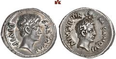 ROMAN COINS MÜNZEN DER RÖMISCHEN KAISERZEIT Augustus, 30 v.-14 n. Chr. und Divus Julius Caesar. AR-Denar, 17 v. Chr. Rom, M. Sanquinius; 3,97 g. Kopf r.//Kopf des Divus Julius Caesar r. mit Lorbeerkra