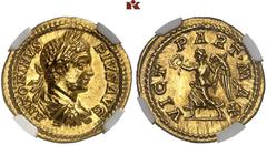 ROMAN COINS MÜNZEN DER RÖMISCHEN KAISERZEIT Antoninus III. Caracalla, 198-217. AV-Aureus, 201/206, Rom; 7.51 g. Drapierte Büste r. mit Lorbeerkranz//Victoria geht l. mit Kranz und Palmzweig. BMC 295; 