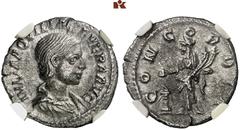 ROMAN COINS MÜNZEN DER RÖMISCHEN KAISERZEIT Antoninus IV. Elagabal, 218-222 für Aquilia Severa. AR-Denar, 220/222, Rom; 2.48 g. Drapierte Büste r.//Concordia steht l. mit Doppelfüllhorn und opfert übe
