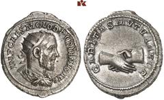 ROMAN COINS MÜNZEN DER RÖMISCHEN KAISERZEIT Pupienus, 238. AR-Antoninian, Rom; 4.58 g. Drapierte Büste r. mit Strahlenbinde//Handschlag. BMC 80; Coh. 4; RIC 10 a. Fast vorzüglich Exemplar der Auktion 
