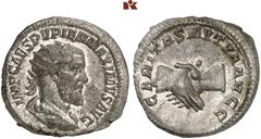 ROMAN COINS MÜNZEN DER RÖMISCHEN KAISERZEIT Pupienus, 238. AR-Antoninian, Rom; 5.39 g. Drapierte Büste r. mit Strahlenbinde//Handschlag. BMC 80; Coh. 4; RIC 10 a. Knapp vorzüglich Exemplar der Auktion