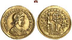 ROMAN COINS MÜNZEN DER RÖMISCHEN KAISERZEIT Valentinianus III. 425-455. AV-Semissis, 435, Rom; 2.23 g. Drapierte Büste r. mit Rosettendiadem//Victoria sitzt r. und schreibt VOT/X/MVLT/XX auf einen von