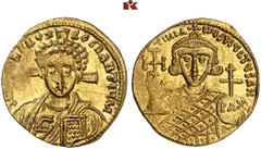 BYZANTINE COINS BYZANZ Iustinianus II. 2. Regierung 705-711. AV-Solidus, 705, Constantinopolis; 4.36 g. Büste Christi v. v.//Drapierte Büste v. v. mit Krone, Kreuz auf drei Stufen und Kreuz auf Globus