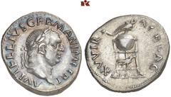 ROMAN COINS MÜNZEN DER RÖMISCHEN KAISERZEIT Vitellius, 69. AR-Denar, Rom; 3,34 g. Kopf r. mit Lorbeerkranz//Dreifuß, darauf Delphin, darunter Rabe. BMC 17; Coh. 114 (dort irrtümliche Averslegende); RI