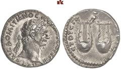 ROMAN COINS MÜNZEN DER RÖMISCHEN KAISERZEIT Domitianus, 81-96. AR-Drachme, 95, Rom, für den Umlauf in Lycia (?); 2,96 g. Kopf r. mit Lorbeerkranz//Zwei Lyren, oben Eule. RPC 1503. Min. korrodiert, fas
