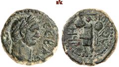ROMAN COINS MÜNZEN DER RÖMISCHEN KAISERZEIT Domitianus, 81-96. Æs, Jahr 198 (= 94/95), Askalon (Iudaea); 5,82 g. Kopf r. mit Lorbeerkranz//Phanebal steht v. v., Kopf l., mit Schwert, Schild und Palmzw