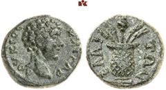 ROMAN COINS MÜNZEN DER RÖMISCHEN KAISERZEIT Antoninus I. Pius, 138-161 für Lucius Verus. Æs, 147/161, Elaia (Aiolis); 2,72 g. Kopf r.//Modius mit Ähren und Mohnkapsel. RPC online 216 (temporary number
