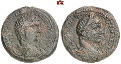 ROMAN COINS MÜNZEN DER RÖMISCHEN KAISERZEIT Antoninus III. Caracalla, 198-217 und Geta. Æs, 209, Cyprus; 12,24 g. Beiderseits drapierte Büste r. mit Lorbeerkranz. Hill in NC 4 (1924), S. 16, Nr. 31; P